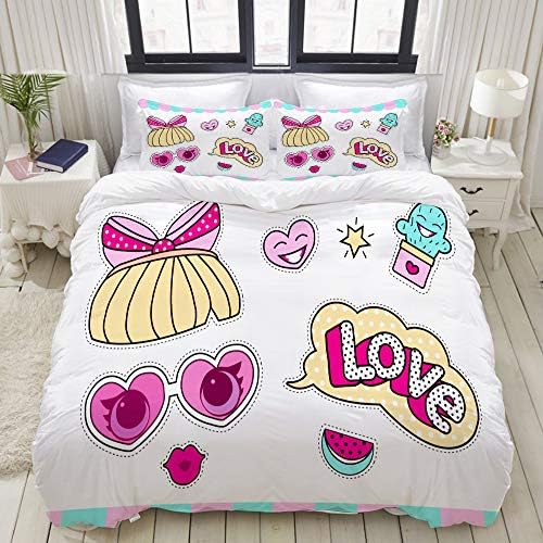 MIGAGA Duvet Cover Set, Set Cute Girlish Vector Stickers LOL, Decorative 3 Piece Bedding Set with 2 Pillow Shams