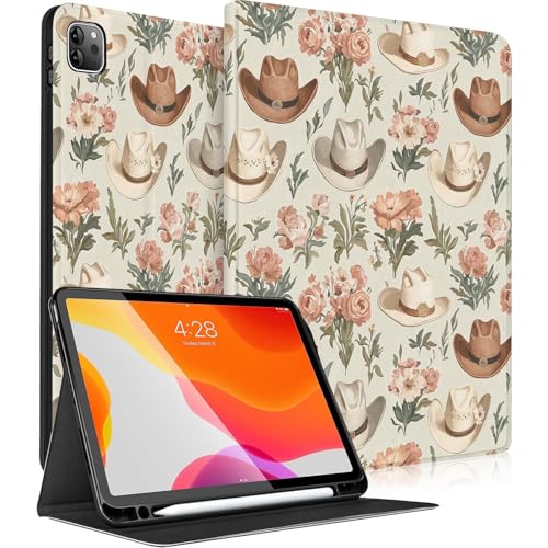 Photo 1 of Floral Case Compatible with iPad Air 11 Inch 7th/6th Generation (M3/M2) 2025/2024, for iPad Air 5th/4th 10.9 Inch 2022/2020 with Pencil Holder [Auto Sleep/Wake] (Western Cowgirl Hat)