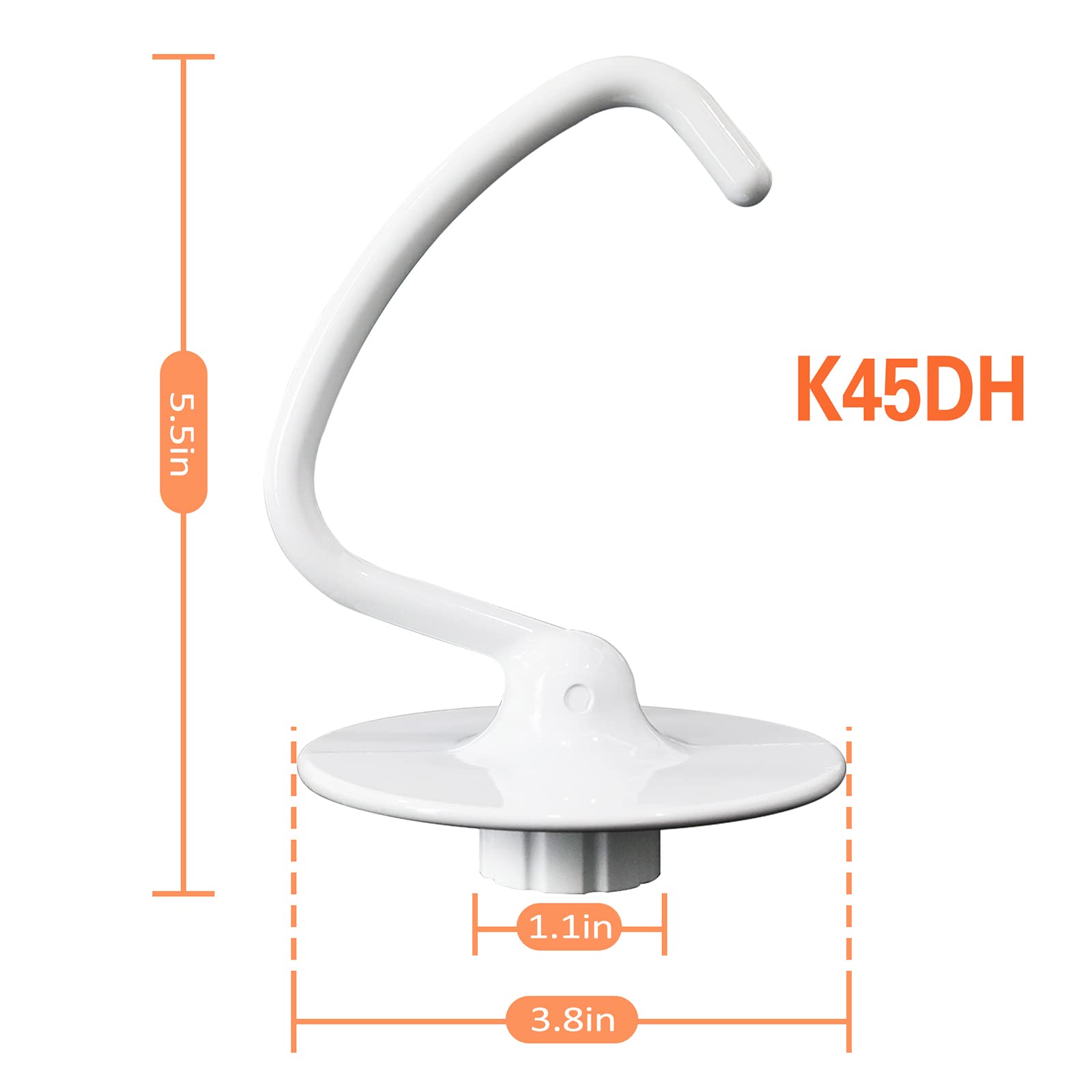 K45DH Dough Hook Replacement for KitchenAid Mixers - Compatible with K45, K45SS, KSM90, KSM110, KSM150 Tilt-Head Stand Mixers, 4.5-5 Quart Bowls - Coated C-Shaped Hook for Kneading Yeast Doughs
