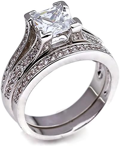 .75 CT Princess Cut Pave Cathedral Setting White Gold Plated Bridal Wedding Engagement Ring Set Size 6