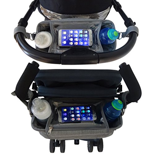 BEST Grey STROLLER ORGANIZER Plus 2 x FREE Stroller Hooks & WATERPROOF Cover. UNIVERSAL Fitting For ALL Strollers Plus Exclusive Phone-Flip-Pocket Cell Phone Holder. Must Have Stroller Accessory - Thumbnail 6