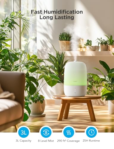 GoveeLife Smart Humidifiers for Bedroom, 3L Top Fill Cool Mist Humidifier, 24dB Quiet Runtime, Humidity Control, WiFi Air Humidifier with Night Light, for Baby, Plants, Home, Work with Alexa