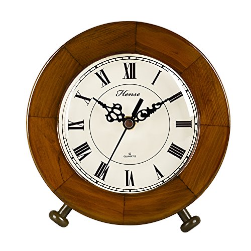 HENSE Round Antique Roman Numerals Analog Clock Soild Wood Concise Non Ticking Mute Quartz Desk Clock HD12 (Brown #A)