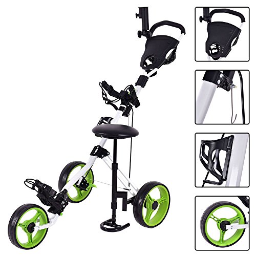Foldable 3 Wheel Push Pull Golf Club Cart Trolley w/Seat Scoreboard Bag Swivel