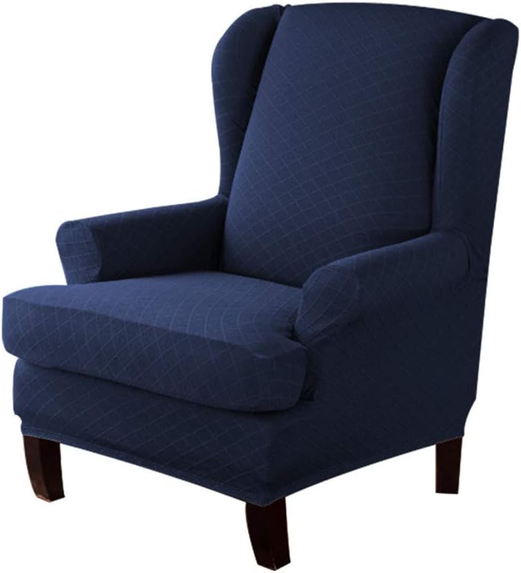 LINGKY Rhombus Jacquard Wing Chair Cover Elastic Universal Stretch Soft Sofa Covers 2-Piece Wingback Armchair Covers with Removable Arms Slipcovers Furniture Protector (Navy Blue)