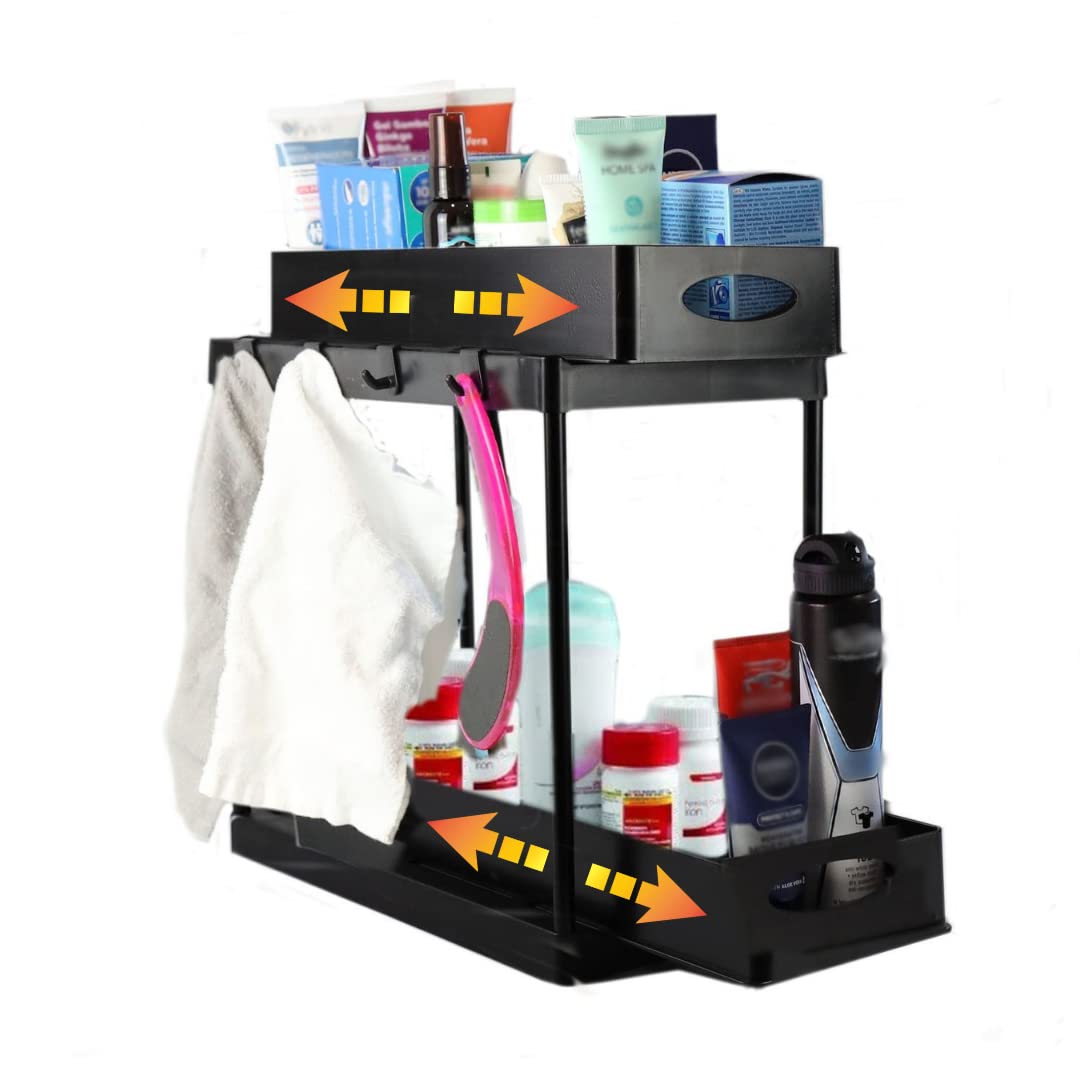 Under Sink Storage Kitchen Organiser - Multipurpose Sliding 2-Tier Under Sink Organiser for Bathroom or Kitchen - Top & Bottom Slide Out with 4 Hooks 39.50x20x35.5cm (Black)