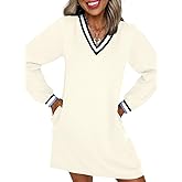 EVALESS Womens Dresses 2026 Spring Fall V Neck Long Sleeve Casual Tshirt Dress Contrast Striped Sweatshirt Dress