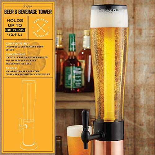 Refinery Beer Tower Drink Dispenser with Pro-Pour Tap and Freeze Tube to Keep Beverages Ice Cold, Perfect for Parties and Gameday, Home Bar Accessories, Simple to Clean, 2.75 Qt./2.6 L, Copper Finish