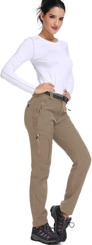 Women's Fleece Lined Outdoor Cargo Hiking Pants Water Repellent Softshell Snow Ski Pants with Zipper Pockets: Clothing