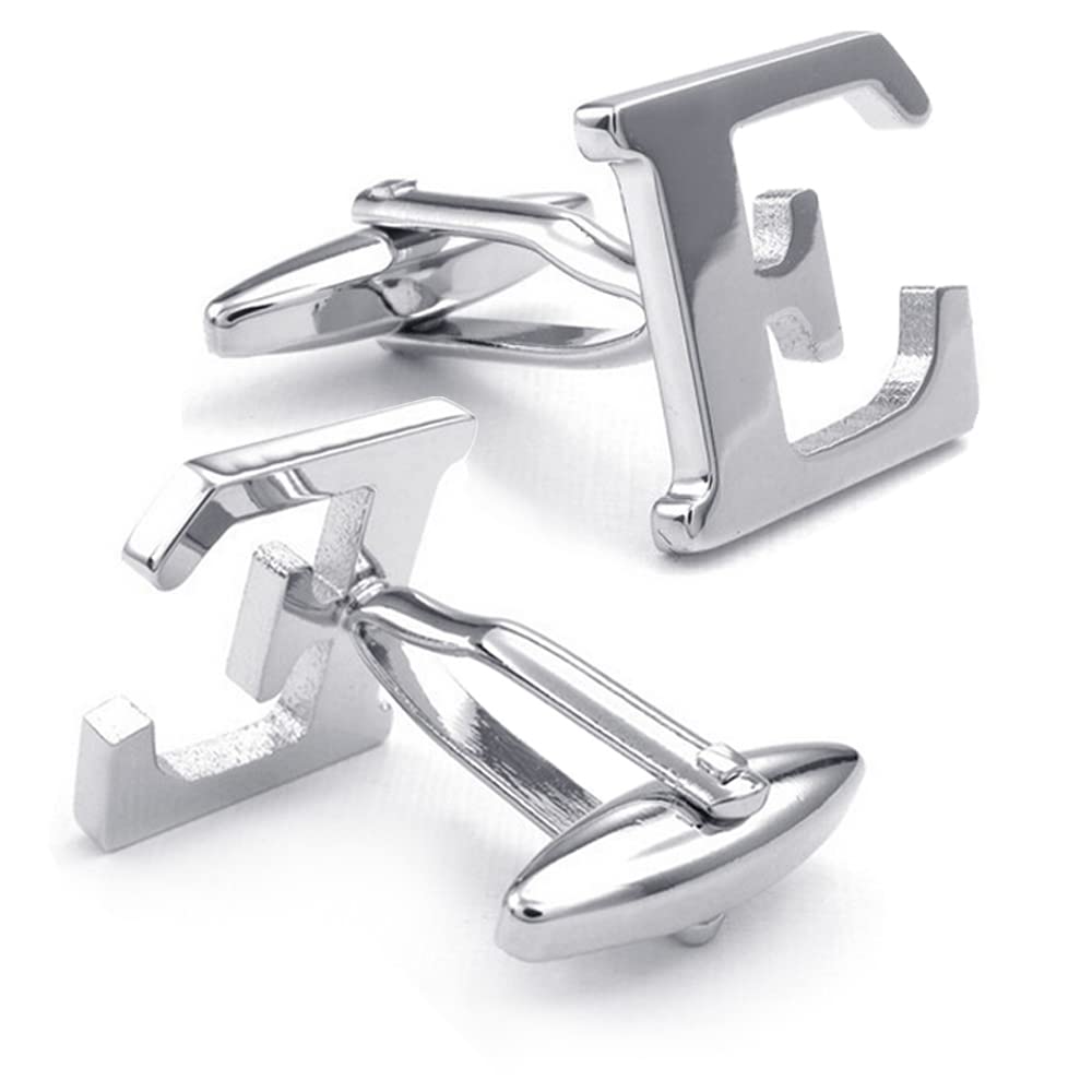 HONEY BEAR Mens Initial Alphabet Letter Silver White Steel Wedding Formal Business Cufflinks (E)