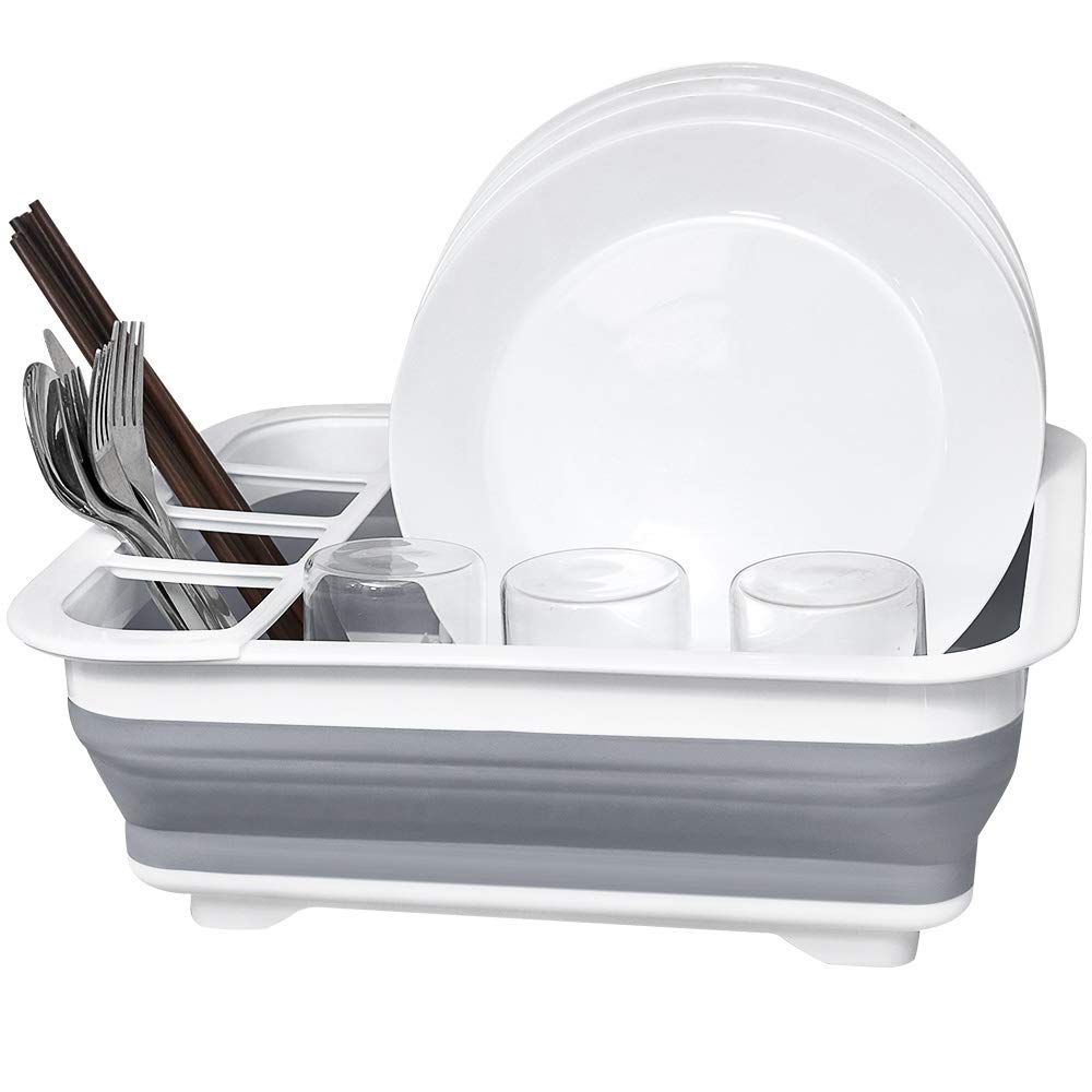 Dish Drying Drainer, Collapsible Dish Rack, Dish Drainer, Learja Compact Dish Drainer for Small Kitchen, Camper, RV, Caravan, Travel Trailer(Gray and White)