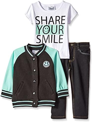 Sweet Vintage Little Girls' Varsity Jacket T-Shirt and 5 Pocket Jean Set, Black/White, 6