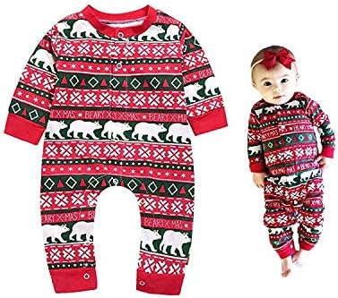 Baby Girls Christmas Outfit Bear Romper Bodysuit Onesie Reindeer Ruffle Print Tops Pants Headband