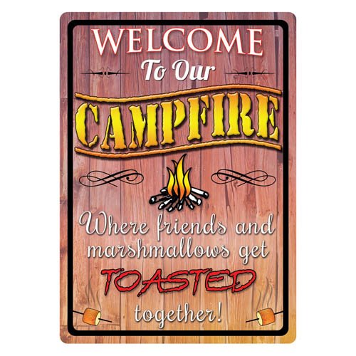 Rivers Edge Products Retro Metal Tin Sign, 17" x 12" Weatherproof Metal Wall Art for Indoor or Outdoor Decor, Vintage Man Cave, Bar, Cabin, Garage, or Home Decor, Welcome To Our Campfire