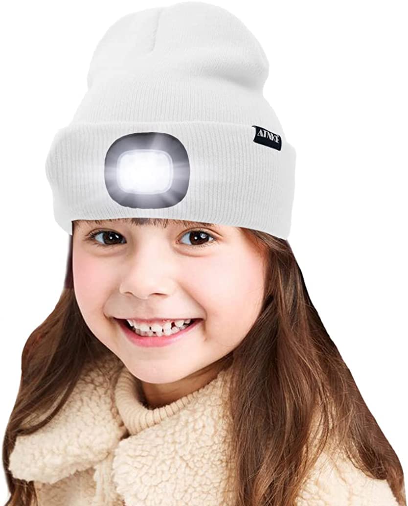 ATNKE Kids LED Lighted Beanie Cap, USB Rechargeable 4 LED Headlamp Waterproof Winter Warmer Knit Night Hats with Light for Boys Girls/White