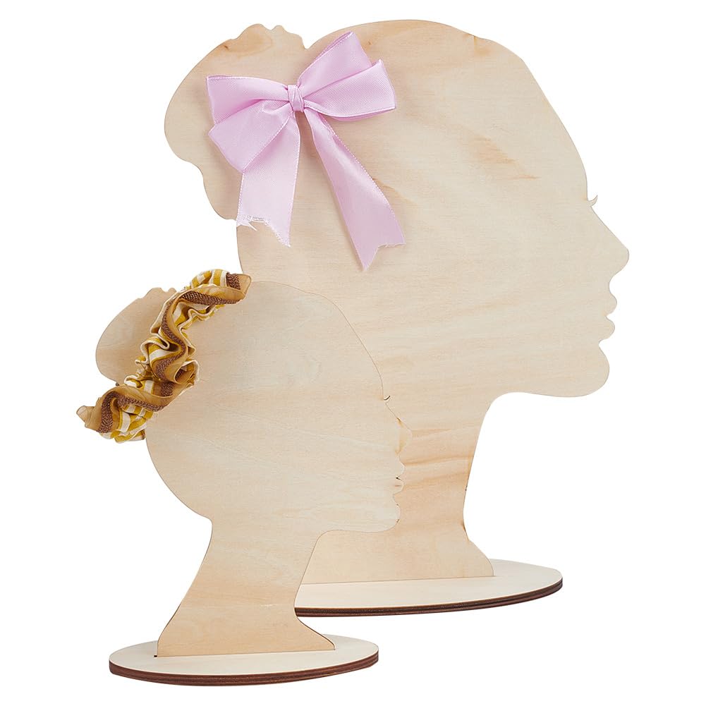 DELORIGIN 2 Sets Hair Bow Display Stand, 2 Sizes Wooden Head Silhouette Holder Wooden Head Template High Bun Silhouette Display Stand for DIY Present Crafts Selling Boutique Personal Exhibition