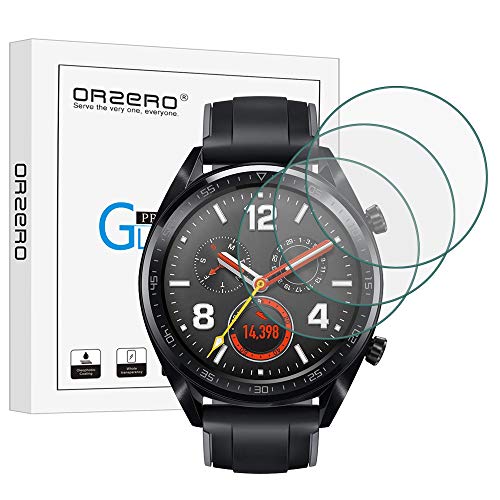 [3 Pack] Orzero for Huawei Watch GT/GT Active/GT Elegant Tempered Glass Screen Protector [Upgraded], 2.5D Arc Edges 9 Hardness HD Anti-Scratch Bubble-Free [Lifetime Replacement Warranty]