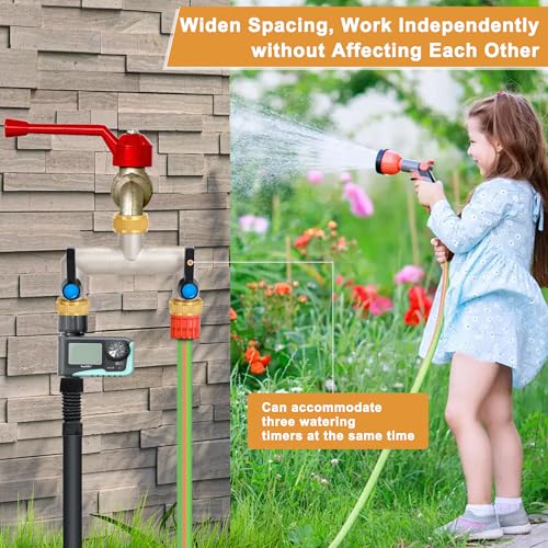OPERMAXER 2-Way Tap Water Distributor, Extended Handle, 3/4 Inch Brass Water Connection Distributor with Individual Shut-off Valves, 2 Distributors 3/4 Inch Adapter 1/2 Inch for Appliances/Garden Hoses