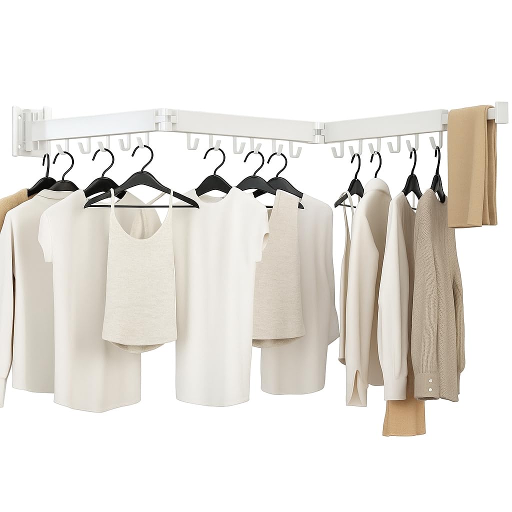 Kelisiting Retractable Clothes Drying Rack-3 Fold White Laundry Drying Rack,Wall Mounted Clothes Hanger,Space Saver,Foldable Durable,for Balcony,Laundry,Bathroom,Patio,Apartment,Dormitory