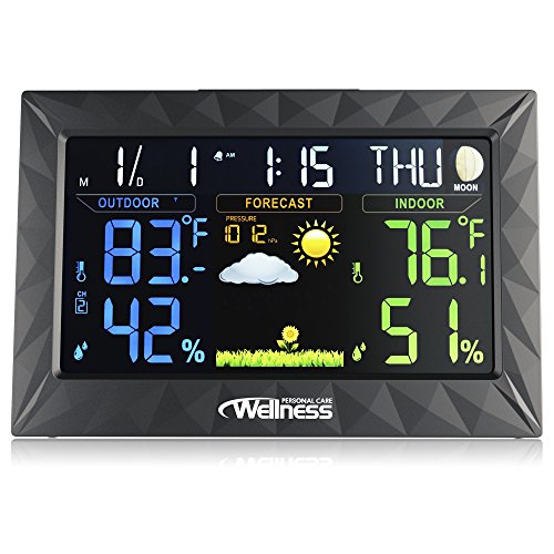 Wellness Personal Care Wired/Wireless Weather Station with Thermometer, Hydrometer & Alarm Clock/Snooze Featuring Bright Color Coded LED Digital Display Screen with Large Easy to Read Digits - Thumbnail 2