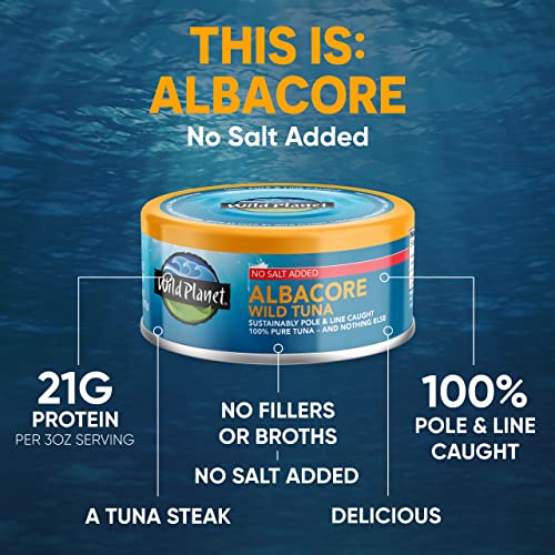 WILD PLANET WILD ALBACORE TUNA,NO SALT ADDED, CANNED TUNA, SUSTAINABLY WILD-CAUGHT, POLE & LINE, NON-GMO, KOSHER 5 OZ
