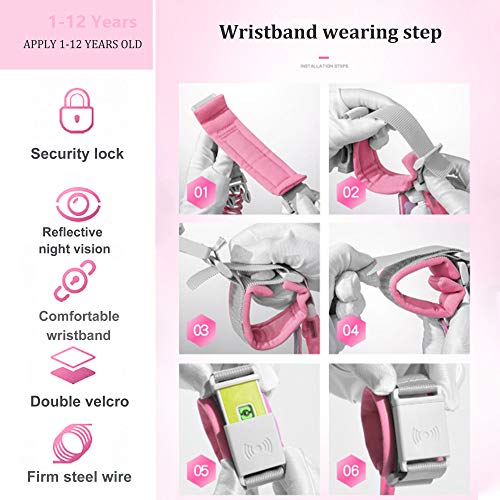 Anti Lost Wrist Link with Induction Lock，Night Reflective Toddler Safety Harnesses Leashes，Babies & Kids (Pink) - Thumbnail 7