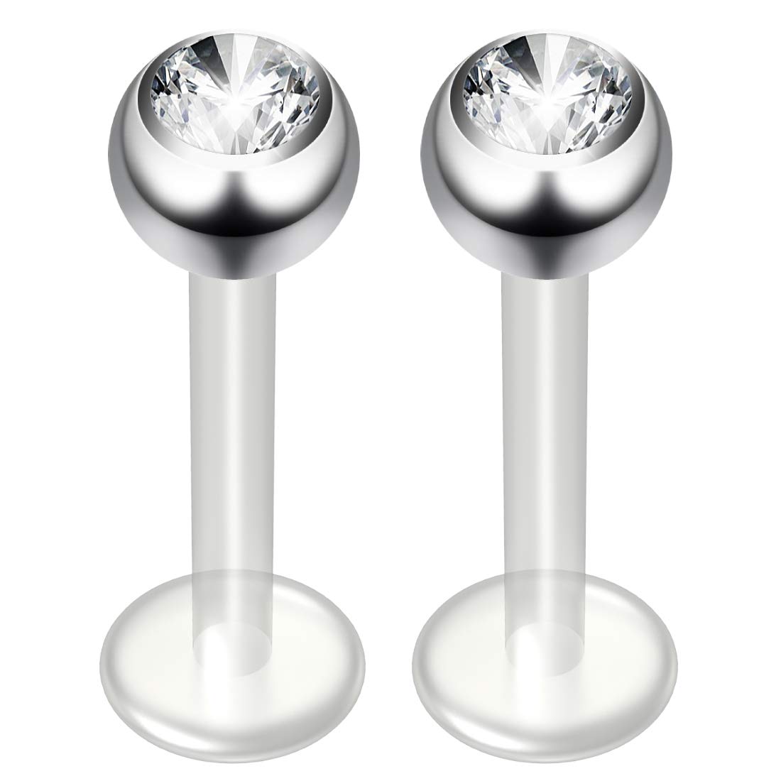 2pc 14g 1.6mm Cubic Zirconia CZ Bioplast Labret Bar Flexible Lip Stud BioFlex Hypoallergenic Jewellery 10mm