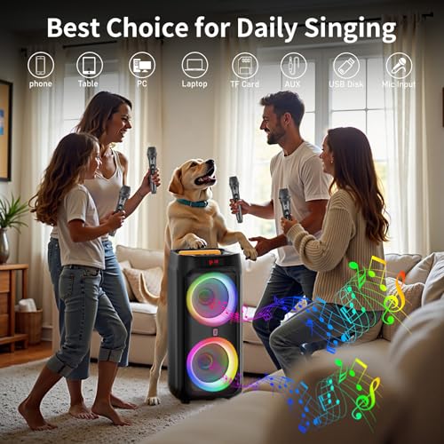 JYX Karaoke Machine for Adults with Dual 8" Subwoofer, 500W Bluetooth 5.3 Big Speaker with 2 UHF Wireless Microphones,DJ Lights PA System Suit TF/USB/AUX/TWS,Rolling Wheels Trolley for Outdoor Party