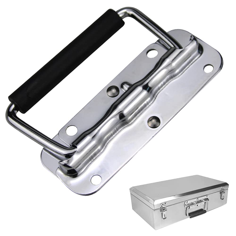 DAJUXIN Stainless Steel Drop Ring Pull Handle Spring Folding Handle Box Handle Stainless Steel Spring Loaded Box Handle for Toolbox Storage Boxes Replacement 100x41mm