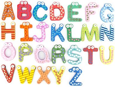 VNC 26pcs Wooden Magnetic Alphabets from A to Z, Fun Bright Colorful Preschool Toddler Toy Color and Shapes Learning Refrigerator A to Z Letter Magnets Fridge Stickers