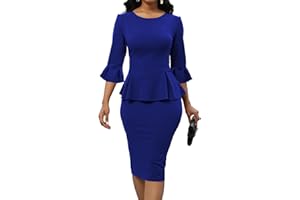 OXGMOKY Women's Work Business Dress Bodycon Dress 3/4 Lantern Sleeves Round Neck Pencil Dresses