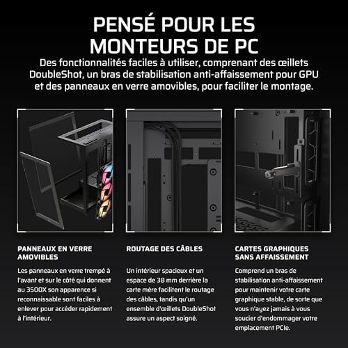 3500X RS-R ARGB Boîtier PC Mi-Tour avec Vitre Panoramique – 3 Ventilateurs RS120-R ARGB Préinstallés, Système de Fixation InfiniRail, Compatible Une Carte mère à Connexion Inversée – Noir
