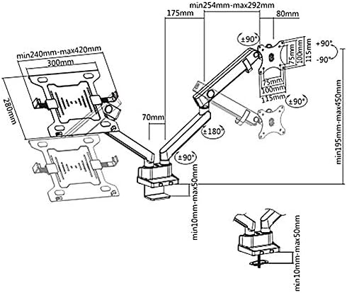 Suporte de secretária para 2 ou 3 monitores, portátil, portátil, ecrã, monitor, altura, rotação e inclinação ajustável, com portas USB integradas, VESA 75x75, 100x100 (MC-813 Double)