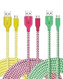 OKRAY 3 Pack 10ft 3M Durable Braided Nylon Tangle-Free Micro USB 2.0 to USB Charge Cable Sync Charging Charger Cord for Android, Samsung, HTC, Google Nexus, Sony, Nokia, LG (Green Yellow Hot Pink)
