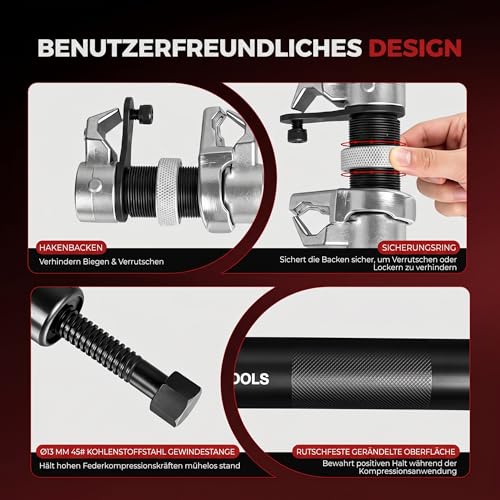 BILITOOLS 2-Piece Professional Spring Compressor Car Set - Heavy Duty Car Tool (1200 kg) for Macpherson & McPherson Suspension Strut - Universal Coil Spring Tensioner Including Safety Bar