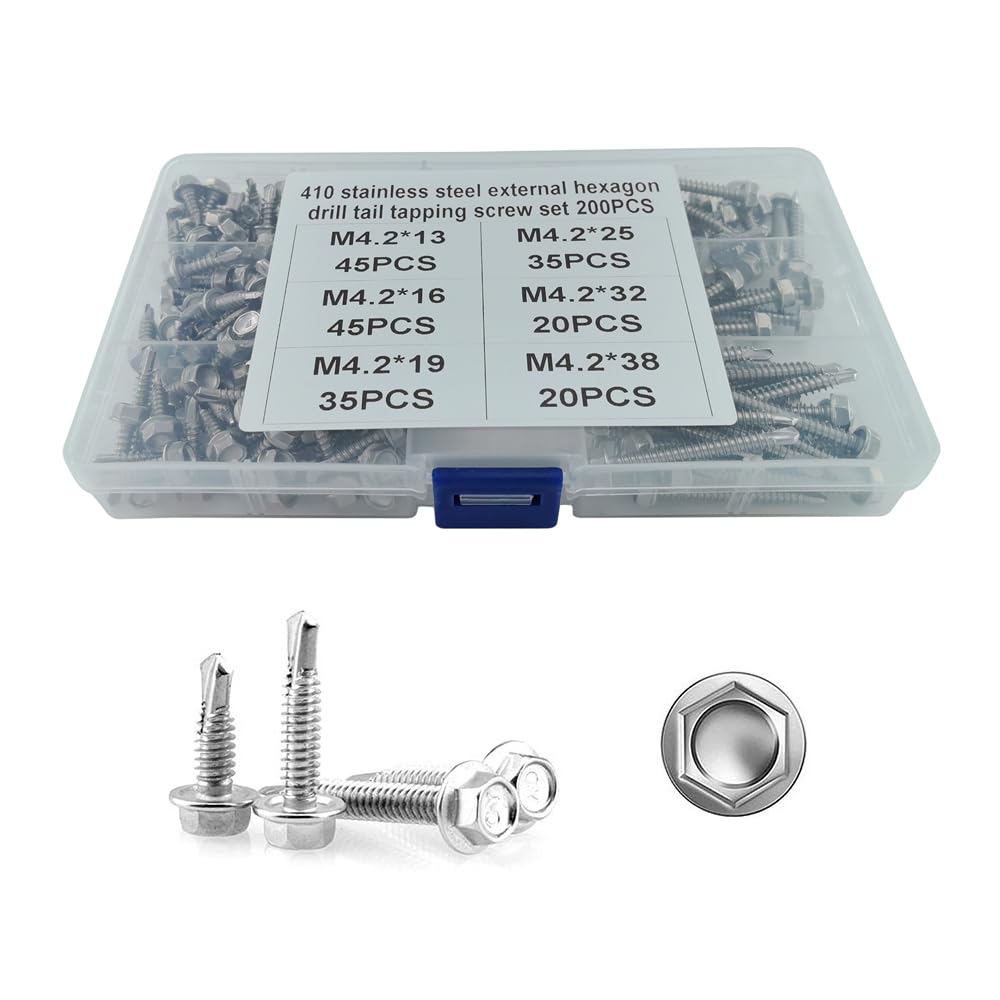 HYSHLC 200 Pcs Trapezoidal Sheet Metal Self-Tapping Screws Set, Hexagonal Metal Stainless Steel 410 Roofing Screws M4.2 and M4.8 (Hex Head)