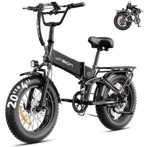 Jasion X-Hunter Electric Bike for Adults,1400W Peak Folding Ebike,20''*4 Fat Tire Foldable Ebike,30MPH 70+Miles 48V 13AH Removable Battery,Full Suspension System Design,7-Speed Bicycles