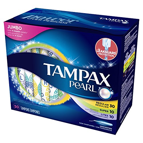 Tampax Pearl Plastic Tampons, Multipack, Light/Regular/Super Absorbency, Unscented, 50 Count