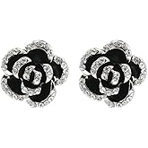 Lavencious Black Rose Shaped Stud Earrings for Women Rhodium Plated(Silver Black)