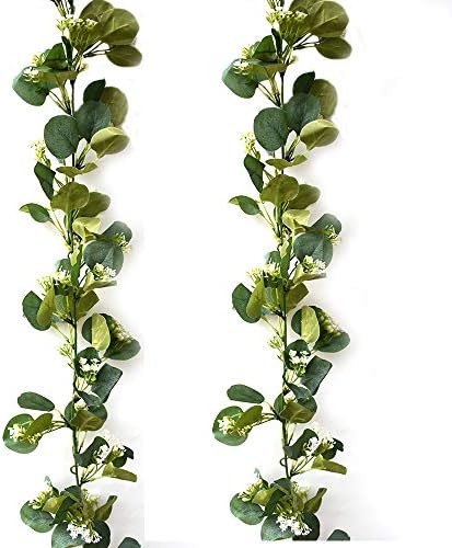 2 Pack 71" Seeded Eucalyptus Garland Greenery Garland Faux Eucalyptus Leaves with Baby’s Breath Flowers Seeds Floral Garland for Holiday Greens Season Floral Table Runner Garlands