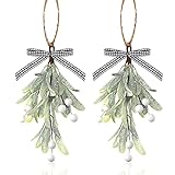 Artificial Mistletoe Pick Buffalo Plaid Bow White