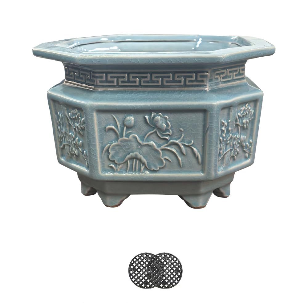 Photo 1 of HUOMUSIR 8-Inch Large Octagon Bonsai Pot Light Blue Water Glaze Bonsai Tree Ceramic Flower Pot Handmade