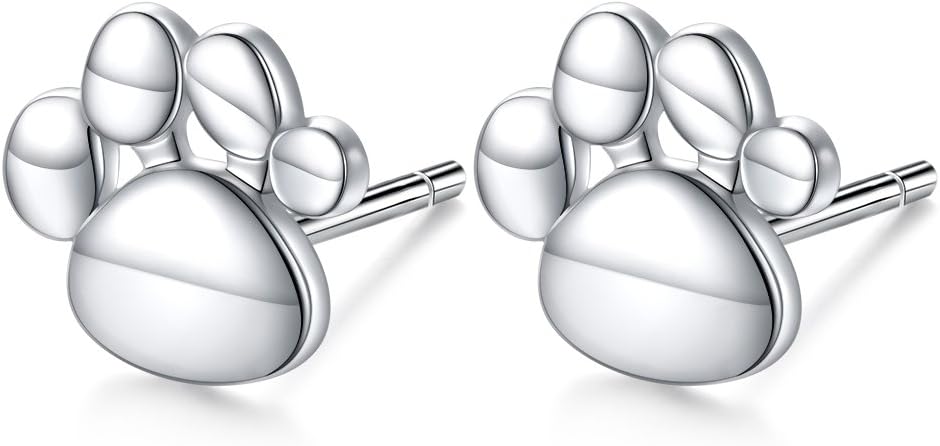S925 Sterling Silver Jewelry Puppy Dog Cat Pet Paw Print Stud Earrings (Solid)