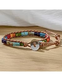 Brazalete de yoga, hecho a mano, para mujeres y niñas, ajustable con 7 abalorios de chakras bohemios, brazalete de piedras bohemias con un botón de girasol árbol de la vida