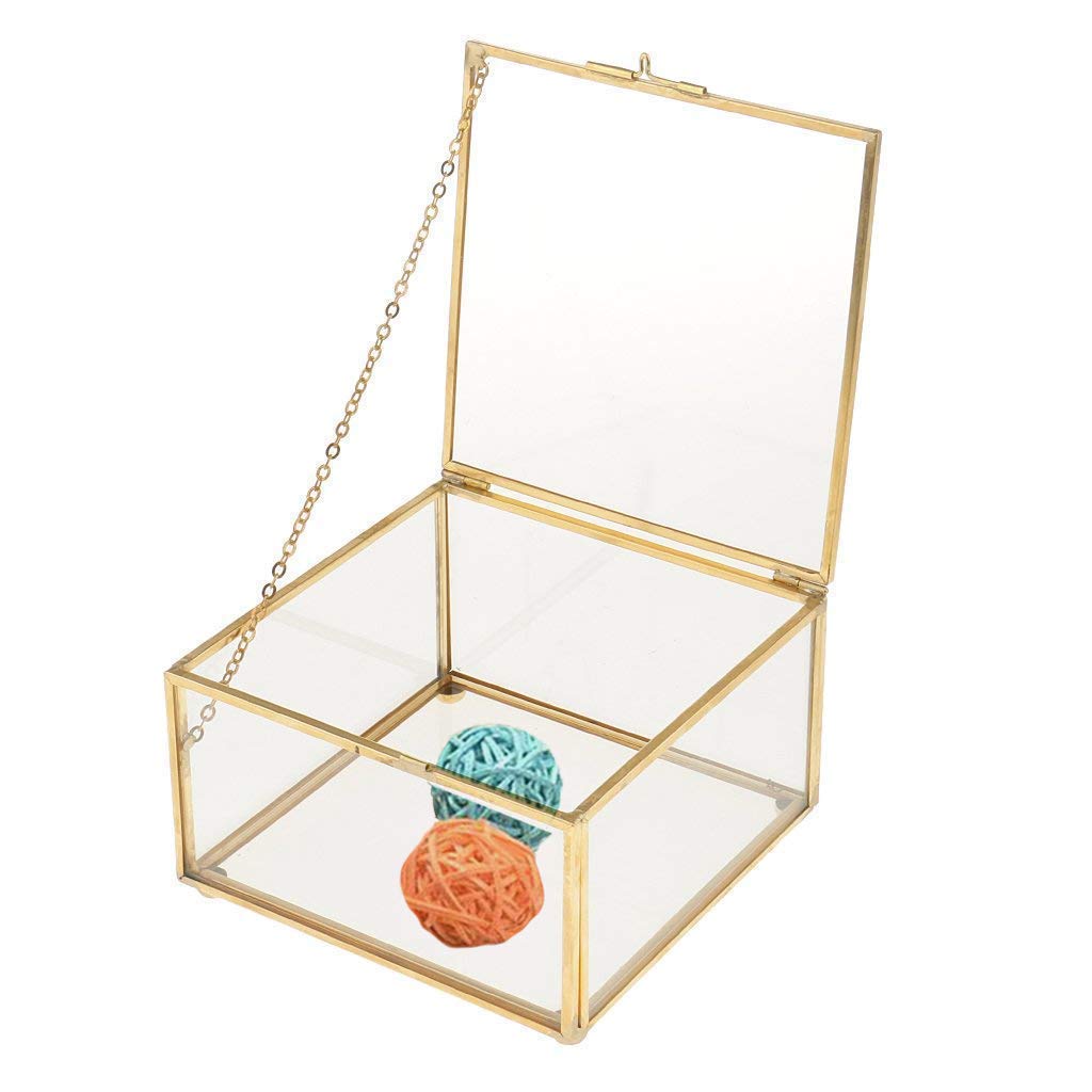 Konrisa Glass Jewelry Box Decorative Girls Makeup Organizer Square Box Brass & Clear Brass Jewelry Chest Storage Home Decor Earring Rings Necklaces Bracelets Display Case for Women