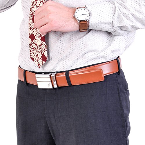 Mission Belt Men's Ratchet Belt - Great White Buckle / Saddle Brown Leather, Medium (33 - 35)