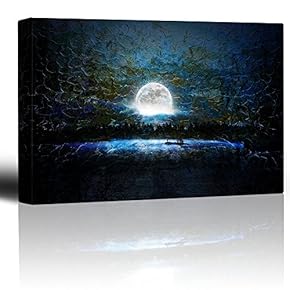 Glowing Full Moon Over a Blue Background with Brush Strokes - Canvas Art Home Art - 12x18 inches