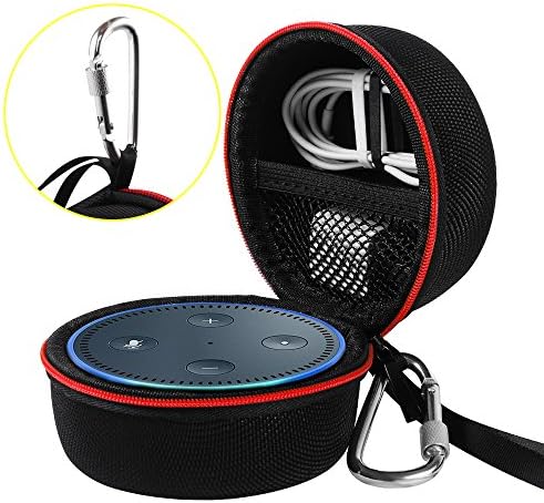 Travel Portable Carrying Protective Hard Case Box Pouch for Amazon All-New Echo Dot(2nd Generation) with Carabiner(Fits USB Cable and Wall Charger) (Black(Red Zipper))
