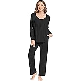 NACHILA Pajamas for Women Long Sleeve Sleepwear Comfy Pants Pajama Set Pleated Pjs with Pocket,Viscose Made from Bamboo