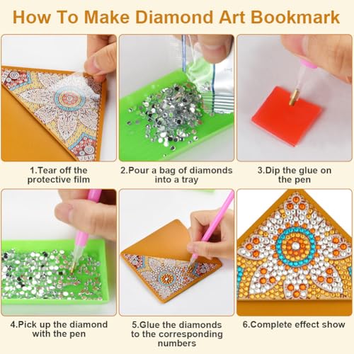 AUAUY 4PCS 5D Diamond Painting Bookmark Kit, Color Flowers Painting Diamonds Mark Pages Books, Bookmarks with Diamonds for Kids and Adults, Book Markers for Birthday Gifts